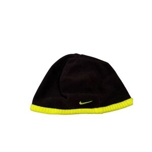 Nike Fleece Beanie Youth Black Neon Yellow Swoosh Logo Winter Hat Kids